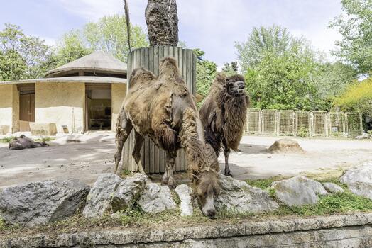 Two camels standing next to each other in a zoo photo