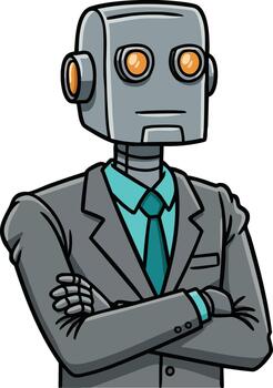 robot en negocio traje con cruzado brazos representando artificial inteligencia y profesionalismo en tecnología y oficina ambientes vector