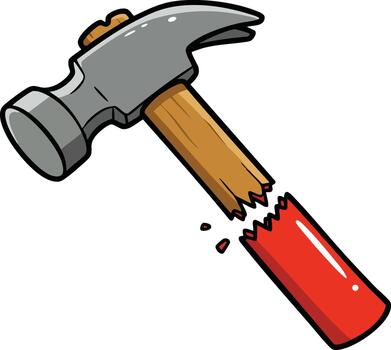 Broken hammer with red handle and wooden shaft illustration showing damage and wear in tool design vector