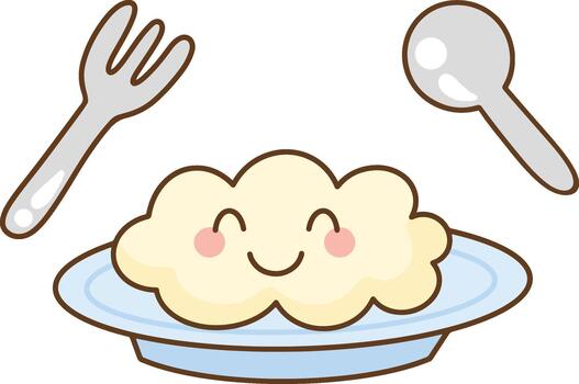 A cartoon image of a plate of rice with a smiley face, along with a fork and spoon. vector