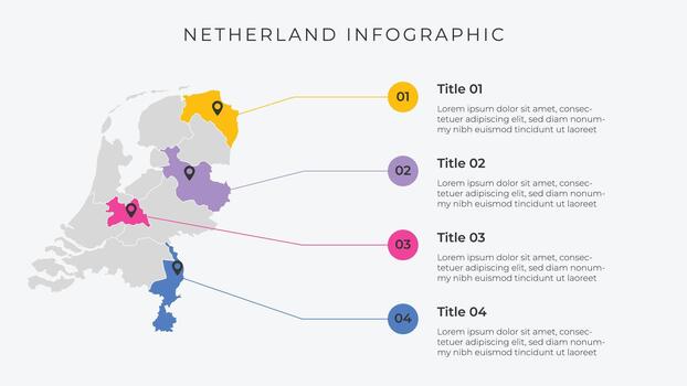 Holanda mapa infografía modelo con 4 4 opciones Holanda político mapa infografía para presentación. vector