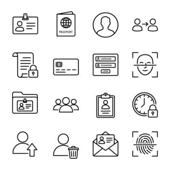 icon set for identity management biometric security passport login and user profile authentication vector