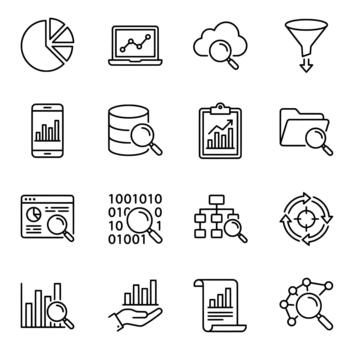 Detailed line art icon set representing data analysis, statistics, research, and business reporting tools. vector