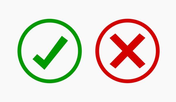 cheque marca firmar y rojo cruzar signo. un rojo grunge X, cheque marca y cruzar marca aislado, cheque marca y rojo cruzar icono vector