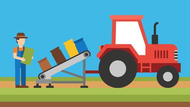 A man is loading a tractor with boxes vector