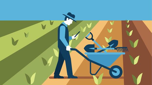 un hombre es utilizando un teléfono inteligente a cheque su teléfono mientras trabajando en el campo vector