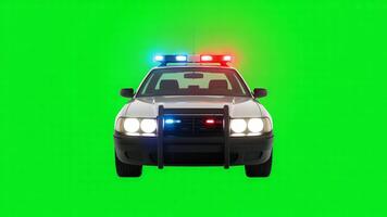 främre se av en polis bil med blinkande lampor på en grön skärm bakgrund symboliserar lag tillämpning nödsituation svar och offentlig säkerhet idealisk för sammansättning och visuell effekter video