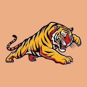 Striking illustration of a powerful tiger in an aggressive, dynamic pouncing pose. vector