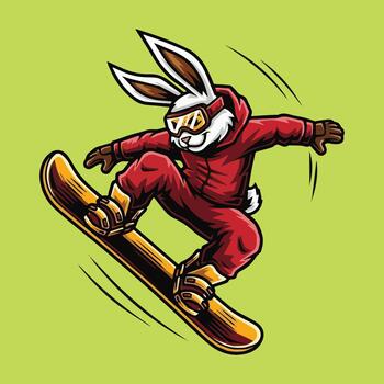 Dynamic cartoon illustration of a cool rabbit character in a red snowsuit and goggles, mid-air on a snowboard. This art captures the thrill of winter sports and a playful adventure vector
