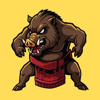Fierce wild boar warrior illustration, ready for battle with a determined stance and aggressive expression, showcasing its muscular build and tusks vector