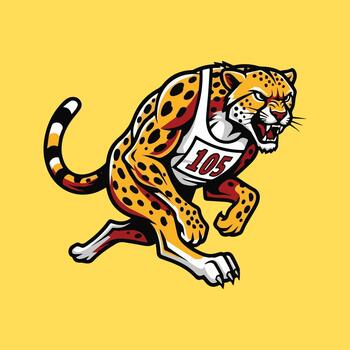 Vibrant illustration of a running cheetah, marked with a race number, symbolizing speed, agility, and fierce competitive spirit in an athletic event vector