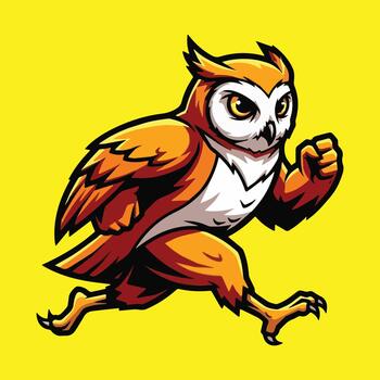 Dynamic and energetic cartoon owl, vividly depicted in a determined running pose against a vibrant yellow background, symbolizing speed, focus, and swift forward motion vector