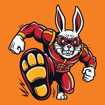 Energetic illustration of a powerful, muscular rabbit superhero in a vibrant red and yellow suit, charging forward with determination and speed vector