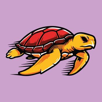 Dynamic illustration of a sea turtle swimming with speed and agility, depicted in bold colors against a soft purple background vector
