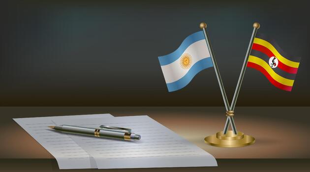 Argentina and Uganda flags on table in office. International relations on a dark gradient color background. vector