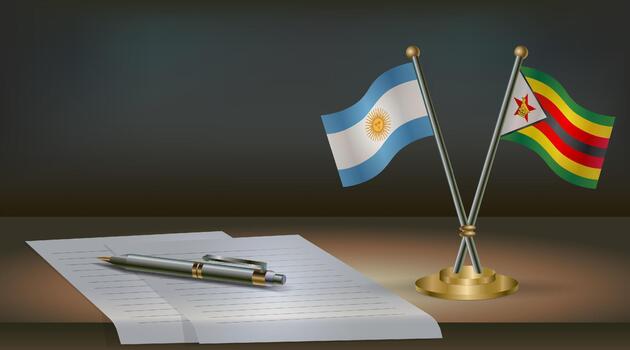 Argentina and Zimbabwe flags on table in office. International relations on a dark gradient color background. vector