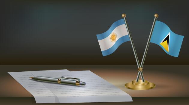 Argentina and ST. Lucia flags on table in office. International relations on a dark gradient color background. vector