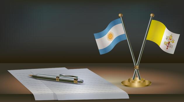 Argentina and Vatican City flags on table in office. International relations on a dark gradient color background. vector