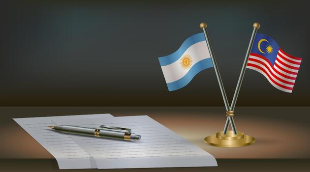 Argentina and Malaysia flags on table in office. International relations on a dark gradient color background. vector