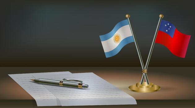 Argentina and Western Samoa flags on table in office. International relations on a dark gradient color background. vector
