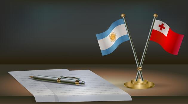 Argentina and Tonga flags on table in office. International relations on a dark gradient color background. vector