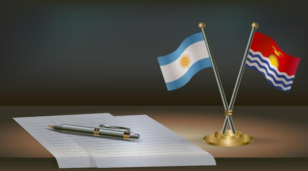 Argentina and Kiribati flags on table in office. International relations on a dark gradient color background. vector