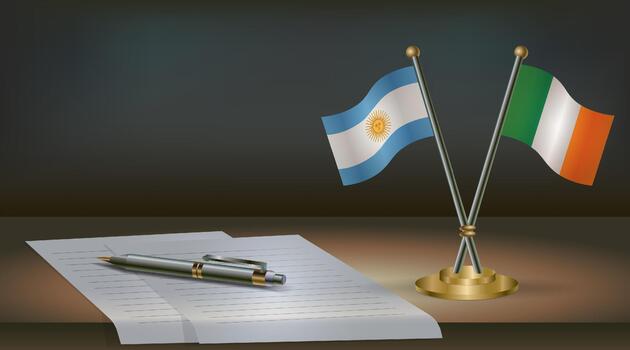 Argentina and Ireland flags on table in office. International relations on a dark gradient color background. vector
