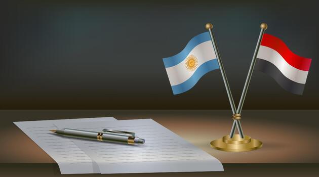 Argentina and Yemen flags on table in office. International relations on a dark gradient color background. vector