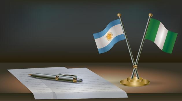 Argentina and Nigeria flags on table in office. International relations on a dark gradient color background. vector
