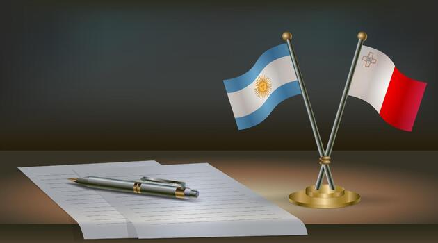 Argentina and Malta flags on table in office. International relations on a dark gradient color background. vector