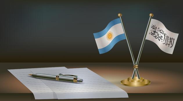 Argentina and Afghanistan flags on table in office. International relations on a dark gradient color background vector