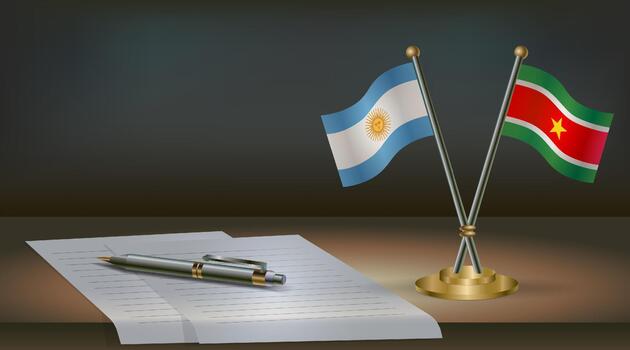 Argentina and Suriname flags on table in office. International relations on a dark gradient color background. vector