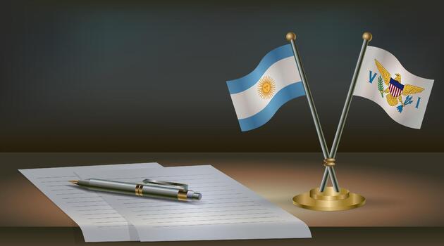 Argentina and Us Virgin Islands flags on table in office. International relations on a dark gradient color background. vector