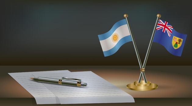 Argentina and Turk and Caicos flags on table in office. International relations on a dark gradient color background. vector