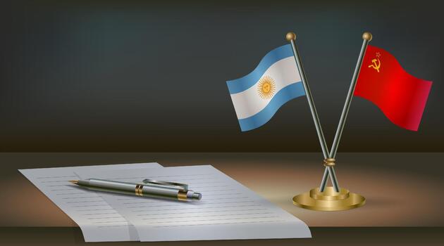Argentina and USSR flags on table in office. International relations on a dark gradient color background. vector
