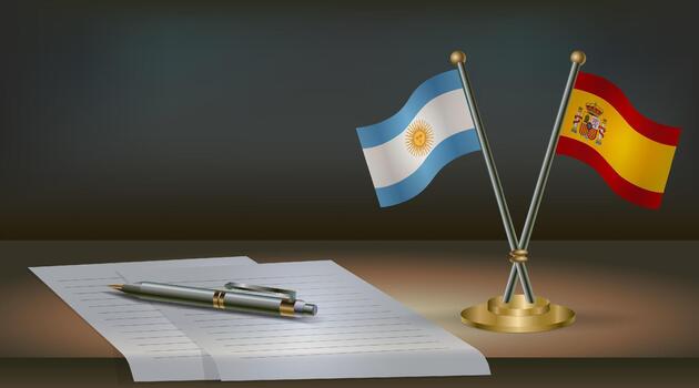 Argentina and Spain flags on table in office. International relations on a dark gradient color background. vector