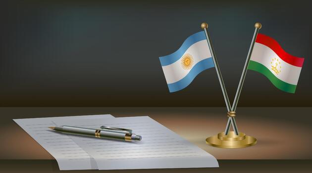 Argentina and Tajikistan flags on table in office. International relations on a dark gradient color background. vector