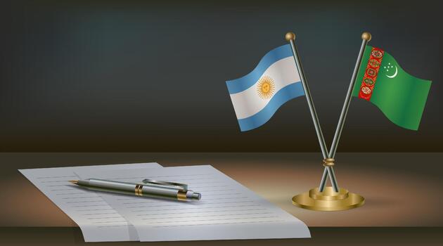 Argentina and Turkmenistan flags on table in office. International relations on a dark gradient color background. vector