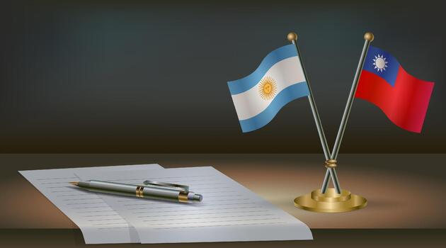 Argentina and Taiwan flags on table in office. International relations on a dark gradient color background. vector