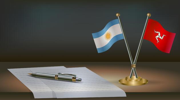 Argentina and Isle of Man flags on table in office. International relations on a dark gradient color background. vector