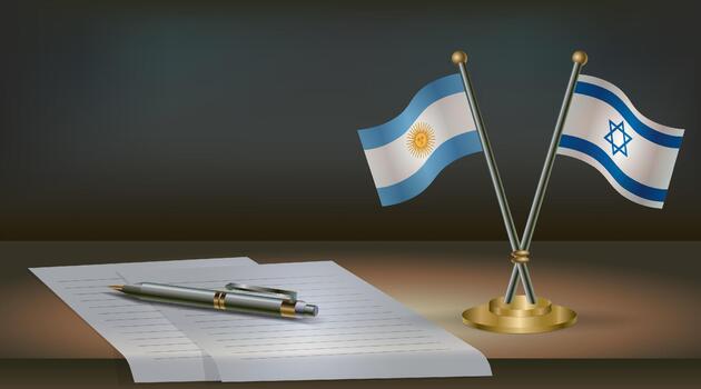 Argentina and Israel flags on table in office. International relations on a dark gradient color background. vector