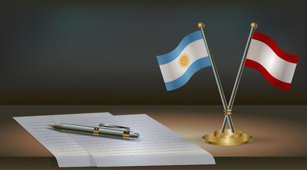 Argentina and Tahiti flags on table in office. International relations on a dark gradient color background. vector