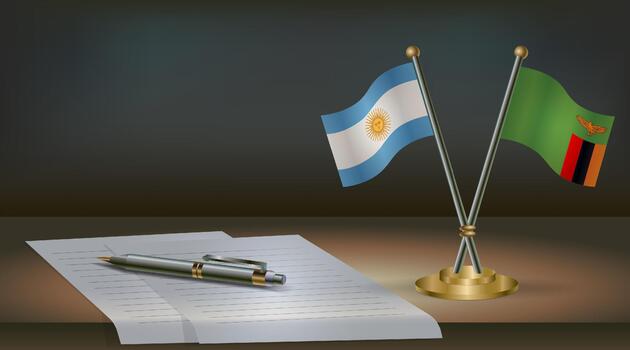 Argentina and Zambia flags on table in office. International relations on a dark gradient color background. vector