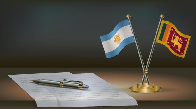 Argentina and Sri Lanka flags on table in office. International relations on a dark gradient color background. vector