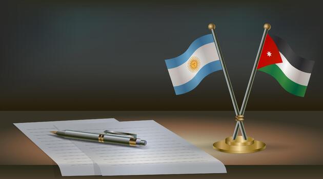 Argentina and Jordan flags on table in office. International relations on a dark gradient color background. vector