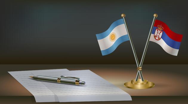 Argentina and Argentina flags on table in office. International relations on a dark gradient color background. vector