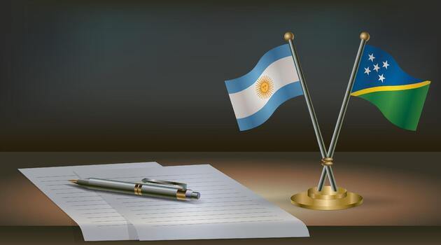 Argentina and Solomon Islands flags on table in office. International relations on a dark gradient color background. vector
