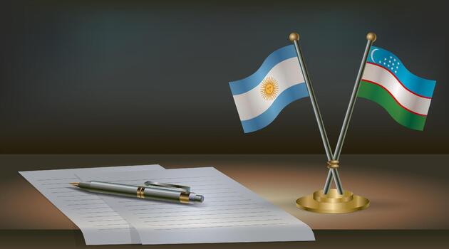Argentina and Uzbekistan flags on table in office. International relations on a dark gradient color background. vector