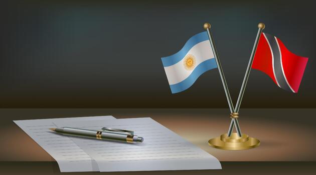 Argentina and Trinidad and Tobago flags on table in office. International relations on a dark gradient color background. vector