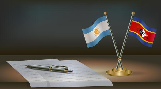Argentina and Swaziland flags on table in office. International relations on a dark gradient color background. vector